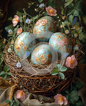 Easter eggs in nest with spring flowers
