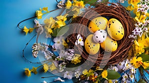 Easter eggs in a nest with spring flowers on a blue background