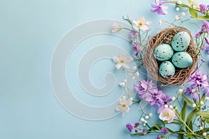 Easter eggs in nest and spring flowers on blue background. Top view with copy space