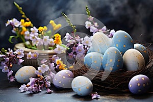 Easter eggs in a nest with spring flowers on a dark background, Happy Easter. Congratulatory easter background. Easter eggs and