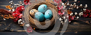 Easter Eggs in Nest with Spring Flowers on Wooden Background GenerativeAI