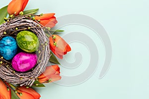 Easter eggs in the nest. Spring greeting card