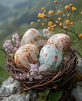 Easter eggs in nest on stone. Painted eggs set in a basket with feathers and some flowers