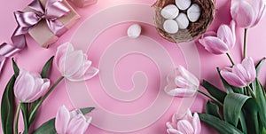 Easter eggs in nest and tulips flowers on spring background. Top view with copy space