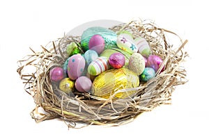 Easter eggs in nest on white