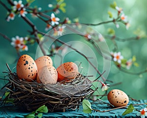 Easter eggs in a nest on a wooden background with spring flowers