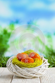 Easter eggs in the nest and wooden table on nature background