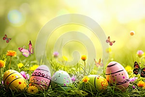 Easter eggs nestled among grass with fluttering butterflies around them