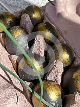 Easter eggs painted in black and gold are lying in a tray next to green leaves of grass