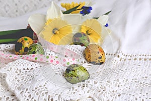 Easter eggs painted daffodils spring composition rustic retro style