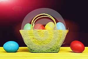 Easter eggs painted in red, blue, yellow and green colours