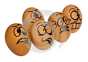 Easter eggs, painted in a terrified cartoon funny faces of a guy