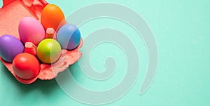 Easter eggs, pastel colors painted in a carton case, green background, banner
