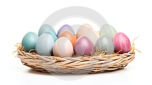 Easter Eggs in Pastel Colors Wicker Basket Isolated on White Background, mock up