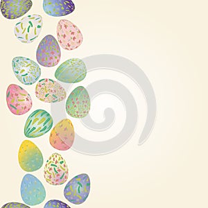 Easter eggs pattern with plant ornaments. Seamless border vector illustration in soft pastel color. Religious holiday background