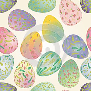 Easter eggs pattern with plant ornaments. Seamless texture vector illustration in soft pastel color. Religious holiday background