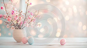 Easter eggs with pattern and vase with spring flowers on blue background. Bold hues for seasonal projects. Close-up