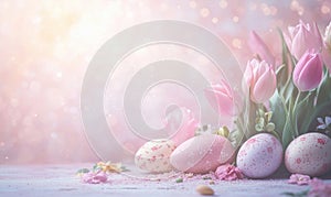 Easter eggs and pink tulips on pastel background with soft bokeh effect