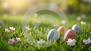 Easter eggs placed on green grass with spring flowers and sunlight