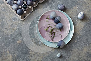 Easter eggs with plates and tray