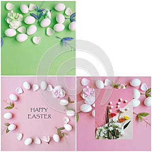 Easter eggs poster colorful pastel abstract modern template background collage set illustration pink yellow blue white pin