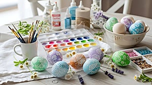 Preparing and painting colorful eggs for springtime celebration