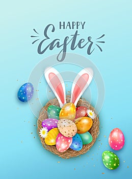 Easter Eggs and Rabbit Ears in Nest on Blue Background