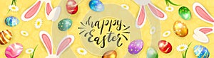 Easter Eggs with Rabbit Ears on Yellow Banner