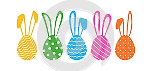 Easter eggs rainbow vector icon, bunny ears, Easter egg hunt, colorful costume rabbits, cute cartoon characters isolated on white