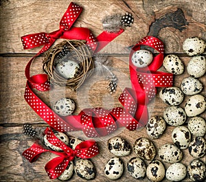 Easter eggs and red ribbon bow decoration