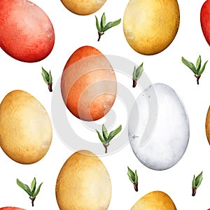 Easter eggs red, yellow and white watercolor seamless pattern