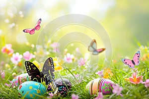 Easter eggs rest in grass as butterflies flutter nearby in natural environment