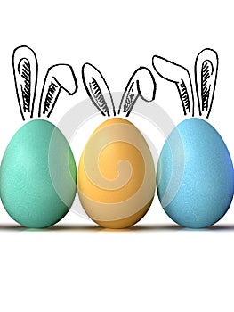 Easter Eggs row, with bunny ears, on white background