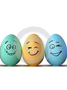 Easter Eggs row, with funny faces, on white background