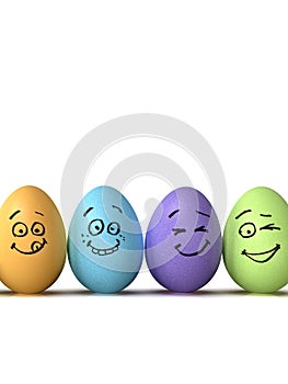 Easter Eggs row, with funny faces, on white background