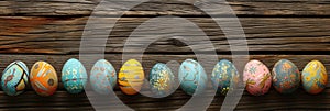 Easter eggs on rustic wooden background with many wooden slats