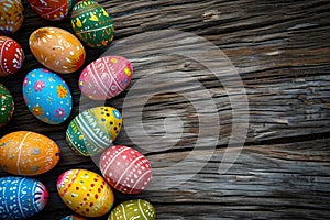 Easter eggs on rustic wooden background with many wooden slats