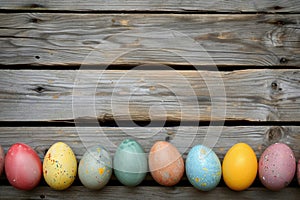 Easter eggs on rustic wooden background with many wooden slats