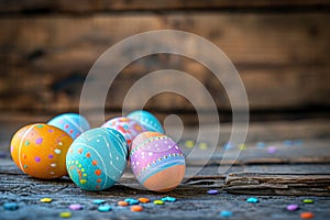 Easter eggs on rustic wooden background with many wooden slats