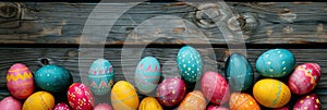 Easter eggs on rustic wooden background with many wooden slats