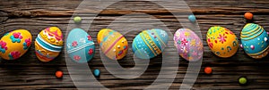 Easter eggs on rustic wooden background with many wooden slats
