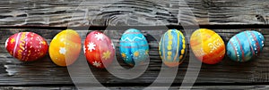 Easter eggs on rustic wooden background with many wooden slats