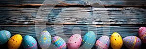 Easter eggs on rustic wooden background with many wooden slats