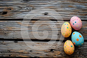 Easter eggs on rustic wooden background with many wooden slats