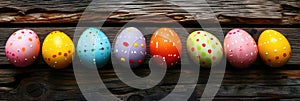 Easter eggs on rustic wooden background with many wooden slats