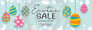 Easter eggs sale banner design template with colorful eggs. Use for social media, advertising, flyers, posters, brochure, voucher