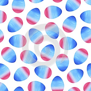 Easter eggs. Seamless patterns. Bright watercolor pink with blue brightly shaped eggs isolated on white background. Modern