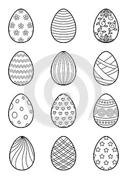Easter eggs set for coloring book page. Doodle style. Black and white illustration