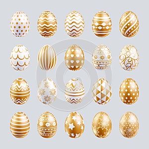 Easter eggs set gold color with different and patterns texture. Vector illustration