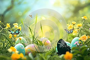 easter eggs are sitting in the grass with butterflies